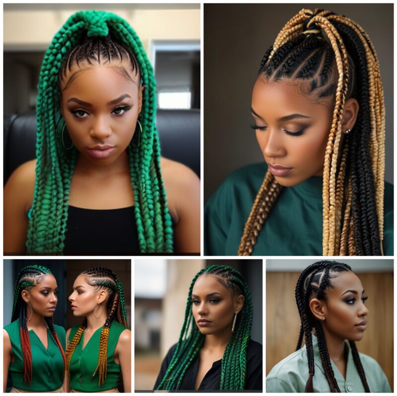 Vibrant and bold braided styles with a mix of green, blonde, and ombré tones, creating a striking and unique look. Perfect for those wanting to make a statement with their braids!