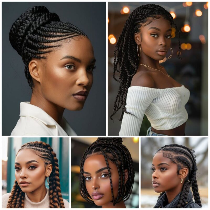 Chic winter protective hairstyles for 2024-2025, featuring braids and curls, perfect for cold weather.